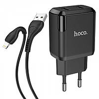 Зарядний пристрій 220В 2 USB з кабелем USB - Lightning Hoco N7 Speedy Чорний