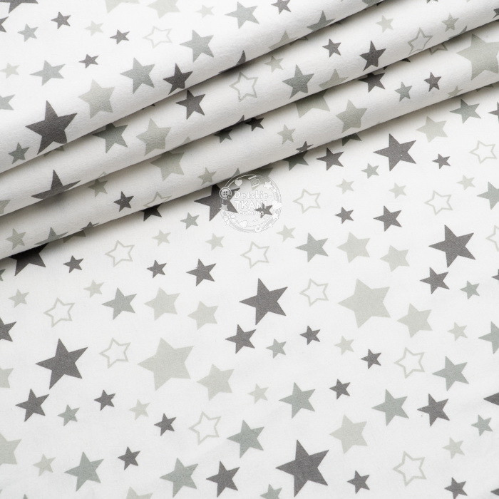 Фланель дитяча "Зоряний карнавал" сірі і графітові зірки на білому, ширина 180 см