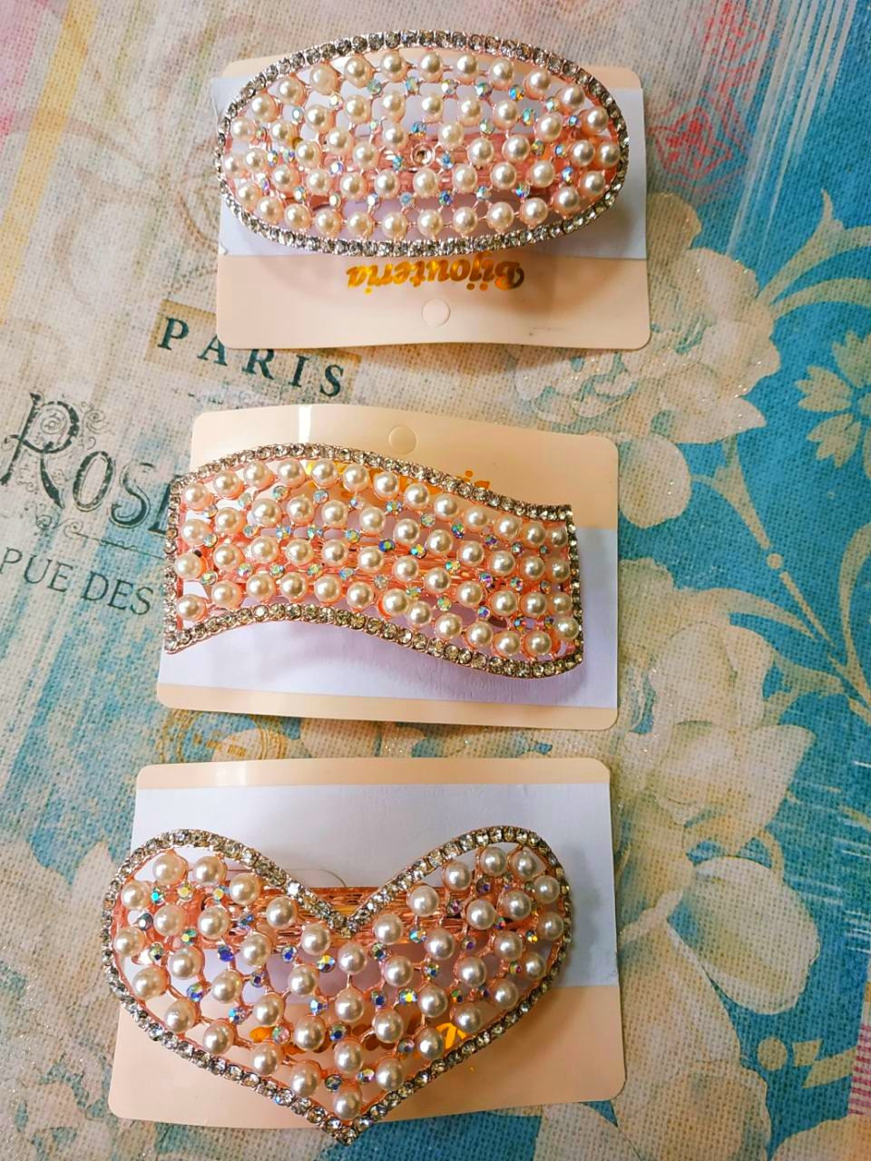 Шпилька-автомат для волосся, ЦІНА ЗА 1ШТ, золота фігура в перли, в пак., фото 1