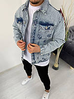 Мужская стильная джинсовая куртка (cветлый джинс) размер S. Мужская джинсовка на весну с вышивкой на спине