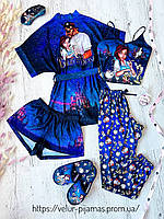 Комплект (піжама та халат) жіночий шовковий з принтом Beauty and the Beast синій