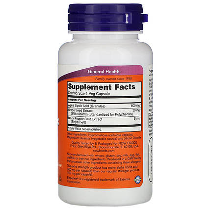 NOW Foods Alpha Lipoic Acid 600 mg 60 VCaps, фото 3