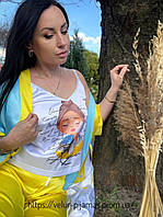 Комплект (піжама і халат) жіночий шовковий з принтом Україна жовто-блакитний