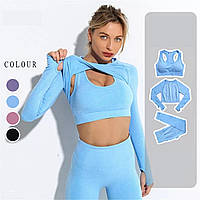 Женский костюм для фитнеса голубой тройка размер M