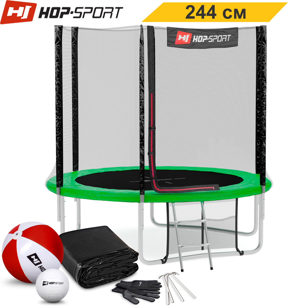 Батути дитячі і для дорослих Hop-Sport 244 см. Зелений з зовнішньою сіткою - 3 ніжки, Німеччина. Гарантія 24 місія.