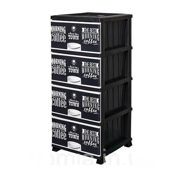Комод пластиковий 4-ярус. ELIF Plastic з малюнком Coffe чорний (37х 45х90СМ), Туреччина Е-298