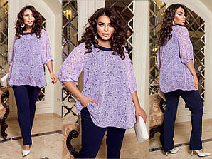 Елегантний костюм двійка блузка з квітковим принтом і брюки стрейч