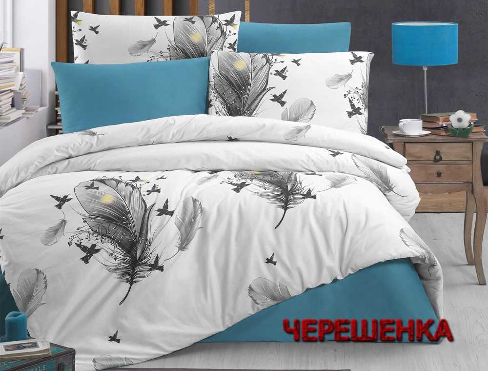 Тканина для постільної білизни Бязь "Gold" Lux GL3743 (50м) сіре та блакитне пір'я на білому