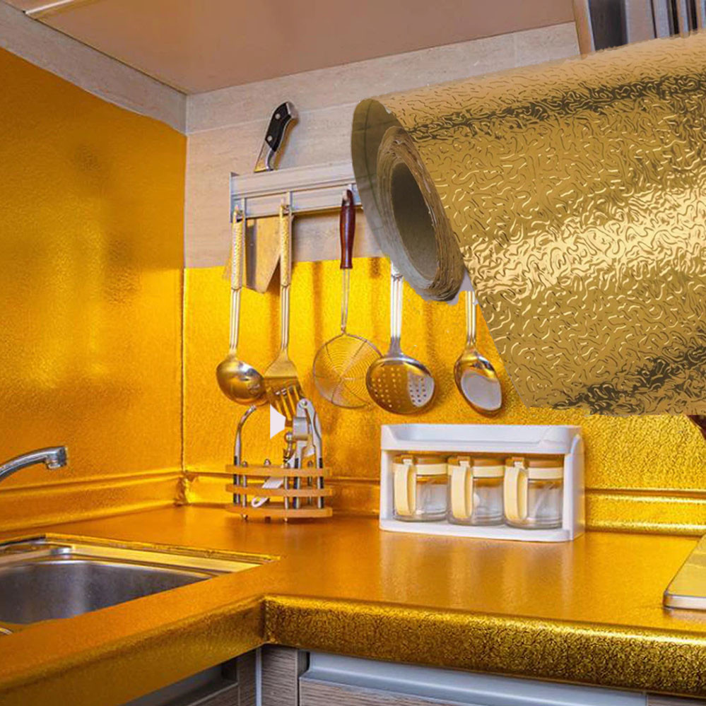 Алюмінієва самоклеюча фольга для кухні від бризок жиру захист для плити на клейкій основі золота 3х60, фото 1