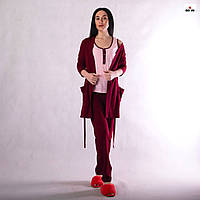 Женская домашняя пижама тройка для дома халат майка штаны бордовый р42-44
