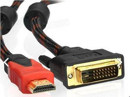Кабель HDMI (тато)-DVI (тато) 5,0 м, 2 фериту, обплетення, круглий Black/RED