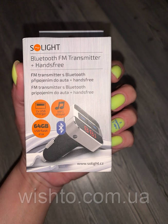 FM-передавач Solight з під'єднанням через bluetooth до автомобіля, 2 USB + гучний зв'язок