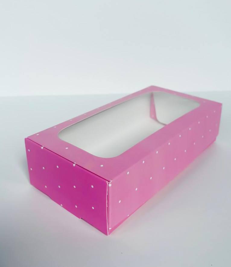 Коробка для макаронс із вікном «рожева в білий горошок», 200*100*50