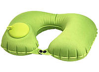 Дорожная надувная подушка подголовник на шею со встроенной помпой Travel Neck Pillow зеленая