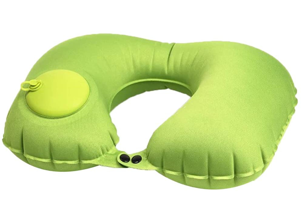 Дорожная надувная подушка подголовник на шею со встроенной помпой Travel Neck Pillow зеленая - фото 1 - id-p1603964876