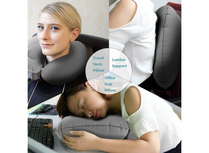 Дорожная надувная подушка подголовник на шею со встроенной помпой Travel Neck Pillow серая - фото 5 - id-p1603967473