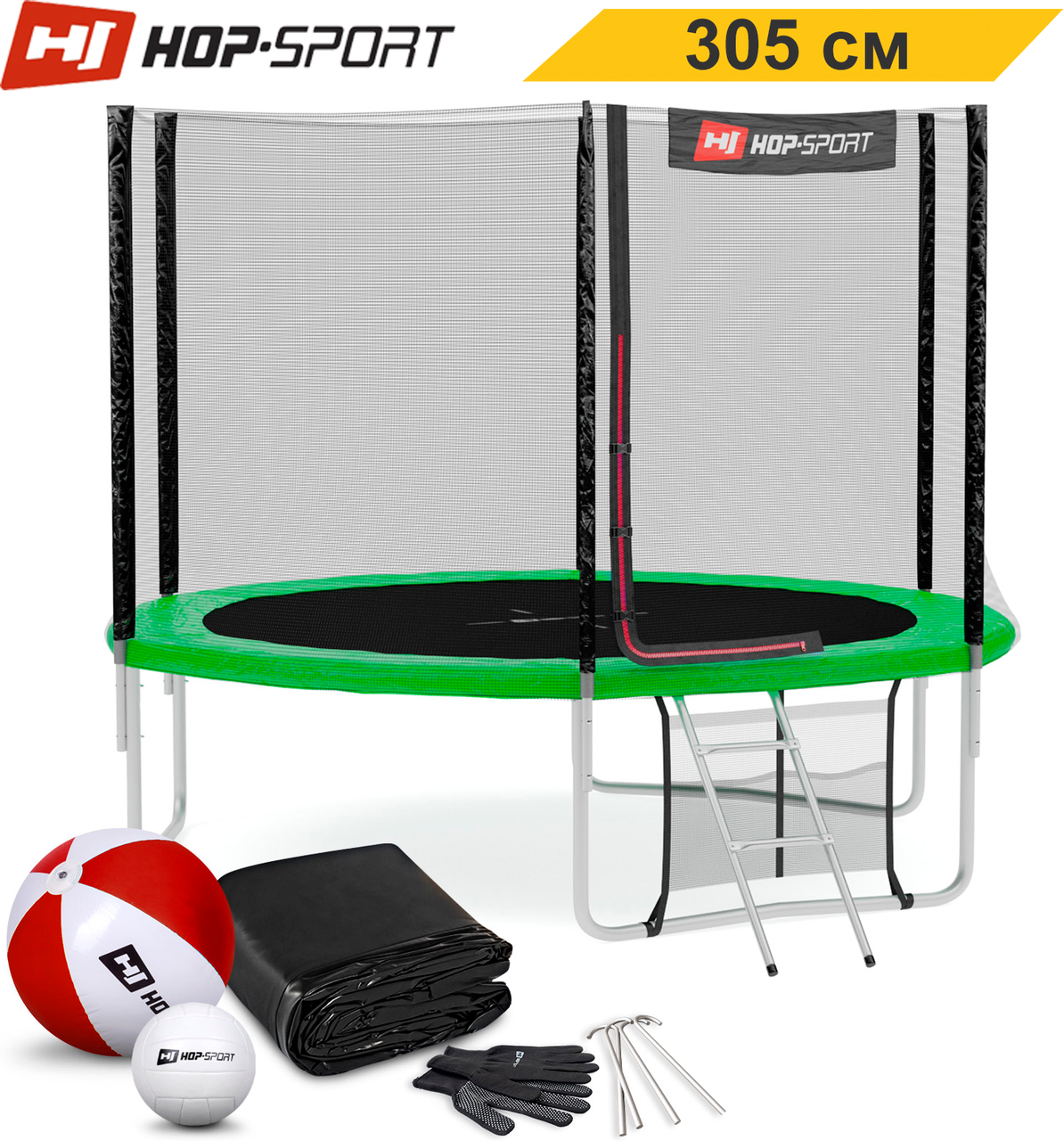 Батути дитячі і для дорослих Hop-Sport 305 см. Зелений з зовнішньою сіткою - 3 ніжки, Німеччина. Гарантія 24 місія.