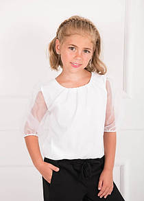 шкільна біла блузка з прозорими рукавами "Vvian", класична дитяча блузка