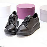 Черные женские кожаные кеды криперы на утолщенной подошве натуральная кожа флотар (обувь женская), фото 3
