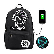Чорний рюкзак для хлопчика "Хлопчик у навушниках", рюкзак до школи з USB та світінням, ранець тканинний