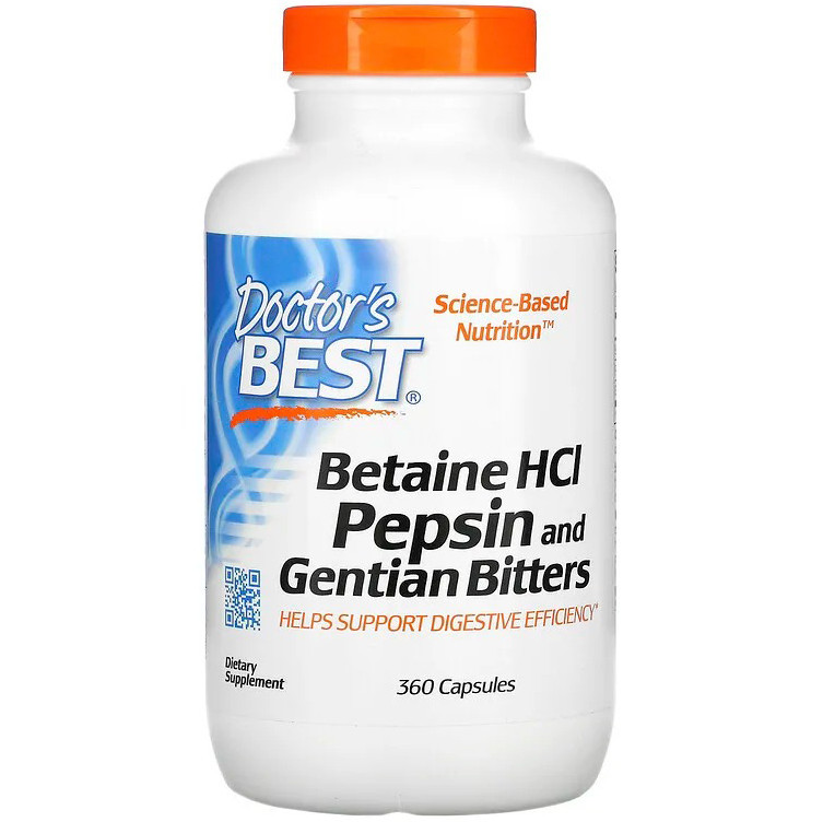 Бетаїна гідрохлорид Doctor's Best "Betaine HCL Pepsin & Gentian Biters" з пепсином і гіркотою (360 капсул)