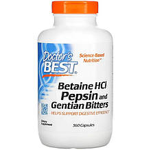 Бетаїна гідрохлорид Doctor's Best "Betaine HCL Pepsin & Gentian Biters" з пепсином і гіркотою (360 капсул)