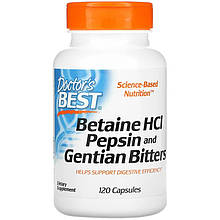 Бетаїна гідрохлорид Doctor's Best "Betaine HCL Pepsin & Gentian Biters" з пепсином і гіркотою (120 капсул)