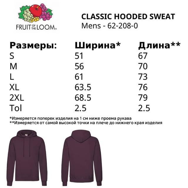 Таблица размеров мужских толстовок Fruit of the Loom 