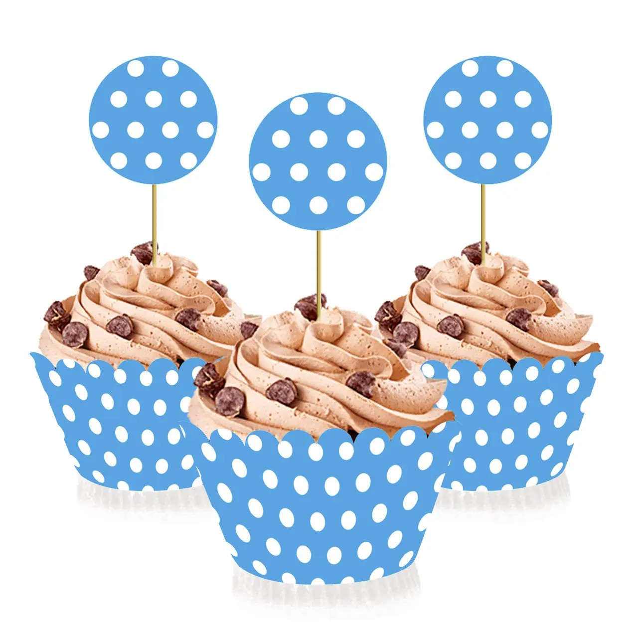 Топпери для капкейків блакитного кольору в горох, 6 шт.
