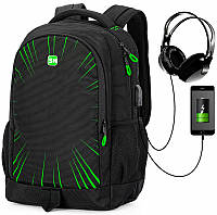 Рюкзак школьный подростковый для мальчика ортопедический с USB переходником 5-11 черно-зеленый SkyName 90-131