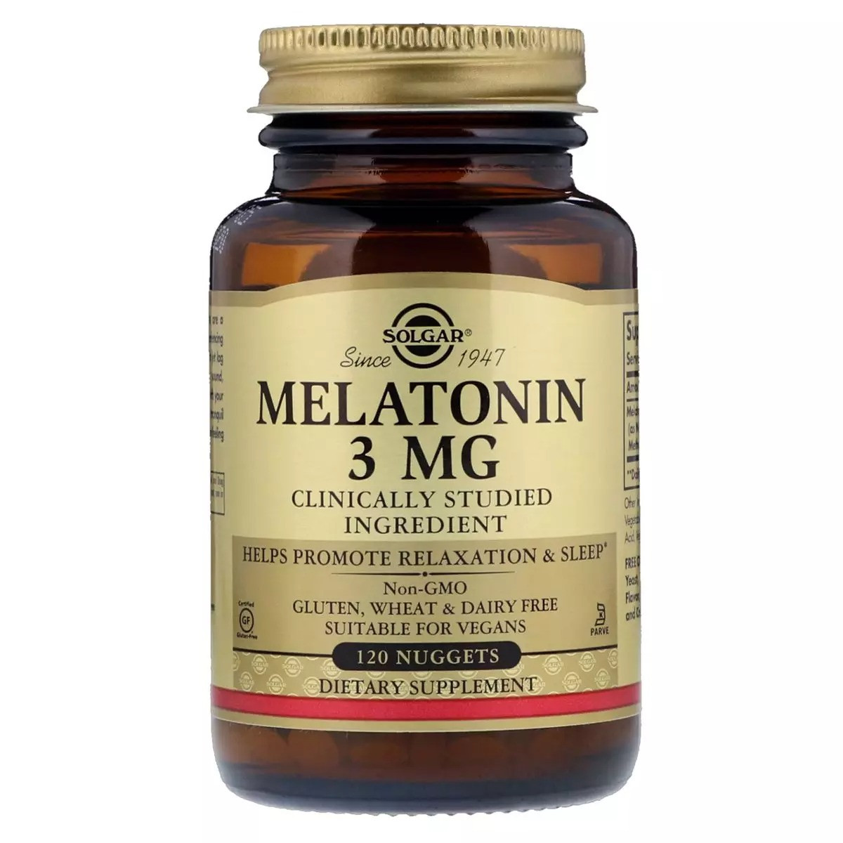 Мелатонін 3 мг для гарного сну, Solgar США, 120 нагетсів скло