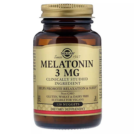 Мелатонін 3 мг для гарного сну, Solgar США, 120 нагетсів скло, фото 2