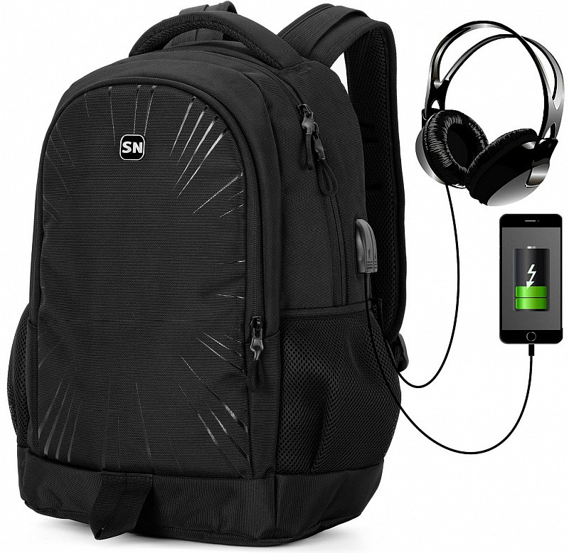 Рюкзак шкільний підлітковий для хлопчика ортопедичний з USB перехідником 5-11 Кл чорно-серий SkyName 90-131