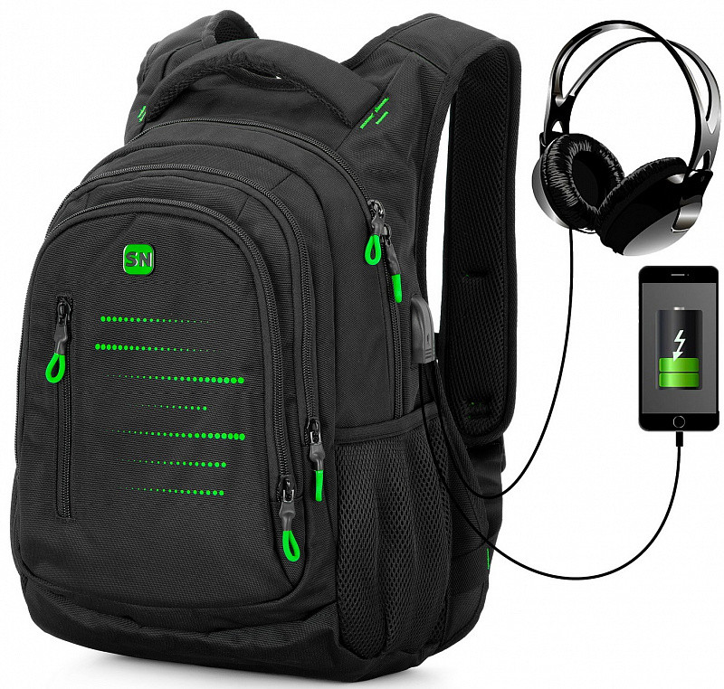 Рюкзак шкільний підлітковий для хлопчика ортопедичний з USB порт 5-11 клас чорно-зелений SkyName 90-129