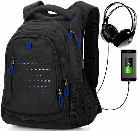 Рюкзак шкільний підлітковий для хлопчика ортопедичний з USB порт 5-11 клас чорно-синій SkyName 90-129, фото 2