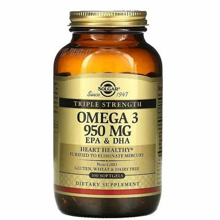 Оригінал Iherb Омега-3, риб'ячий жир, EPA&DHA, Solgar США, потрійна сила, 950 мг, 100 капс скло, фото 2