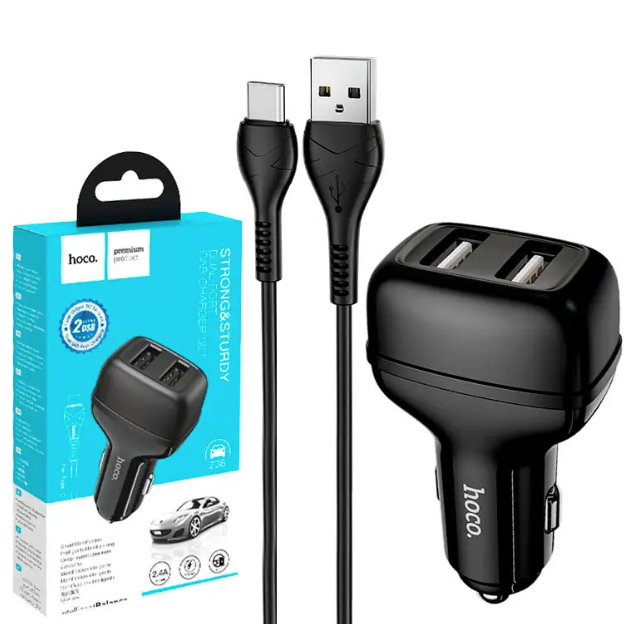Автомобільний зарядний пристрій для Hoco Z27 Staunch з кабелем Type-C 2 USB Port 2.1A, Чорний