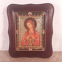 Икона Помощница в родах Пресвятая Богородица, лик 10х12 см, в темном деревянном киоте с камнями