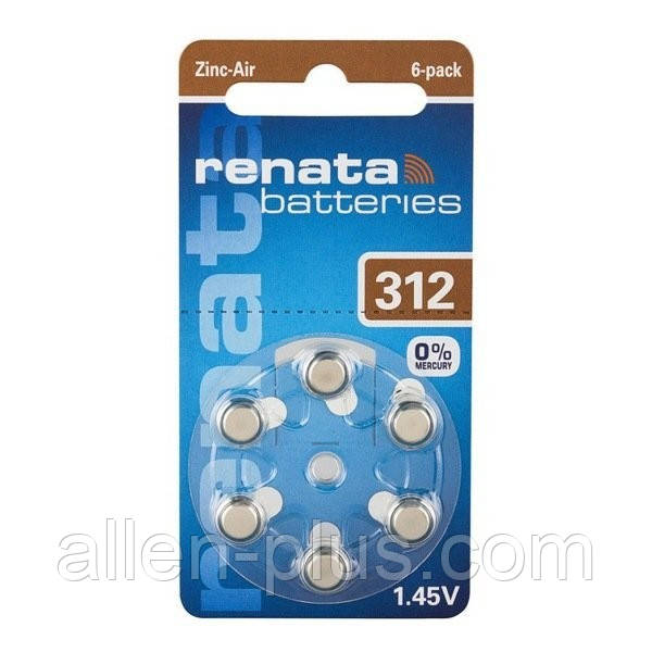 Батарейка повітряно цинкова RENATA ZA312 1.45V (PR41), 6 шт. на блістері