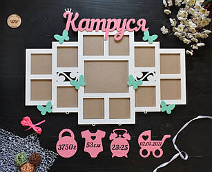 Дитяча метрика з дерева з даними малюка на перший рік, з метеликами. Катруся (будь-яке ім'я)