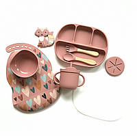 Набір посуду для дівчинки рожевий 10 предметів з харчового силікону