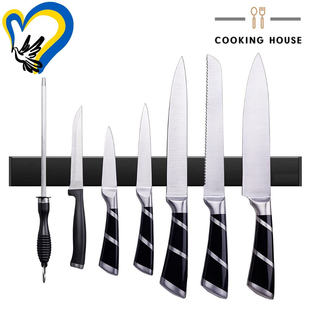 Металевий магнітний тримач ножів 40см Cooking House чорного кольору, магнітна смужка з нержавіючої сталі, тримач кухонних ножів
