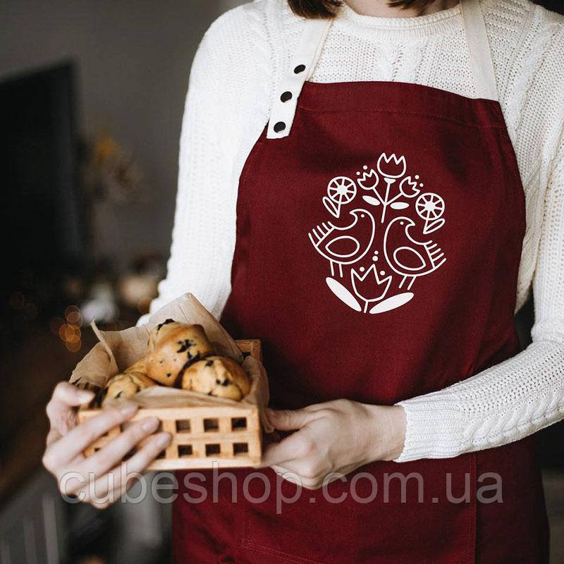 Прикольний фартух для кухні з написом "Пташки" (бордовий)