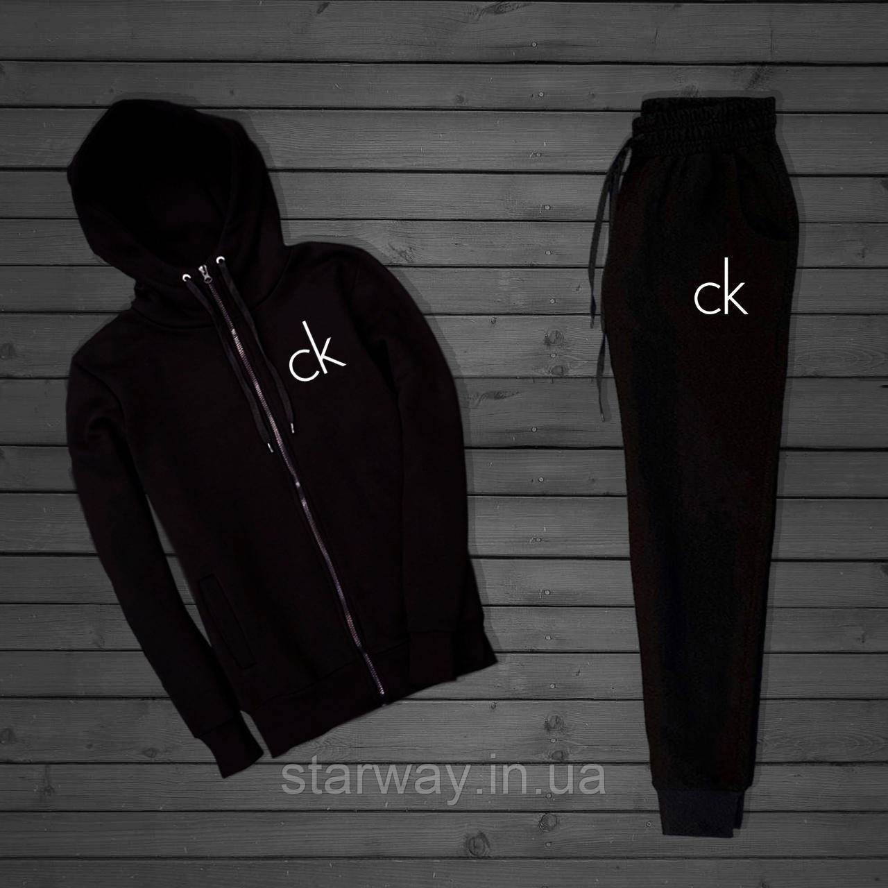 Спортивний чорний стильний костюм кельвін кляйн на блискавці з капюшоном | ck white logo