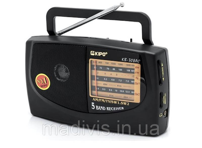 Портативний радіоприймач на батарейках KIPO KB-308AC, потужний тюнер Fm, Ам, TV