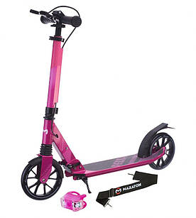 Самокат Maraton Delta рожевий передній амортизатор і ручний гальм, з ліхтарем і підстаканником