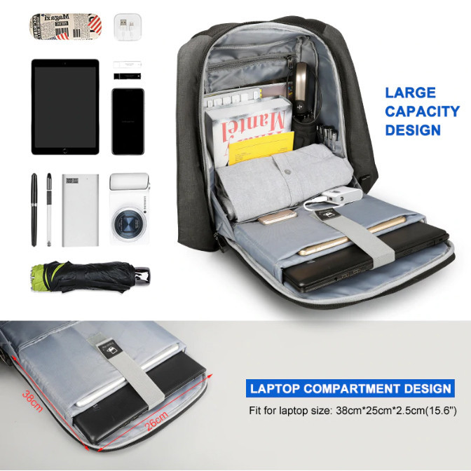 Рюкзак городской мужской антивор с USB и разъемом для наушников Tigernu. Мужской рюкзак для ноутбука Черный - фото 10 - id-p1083216218