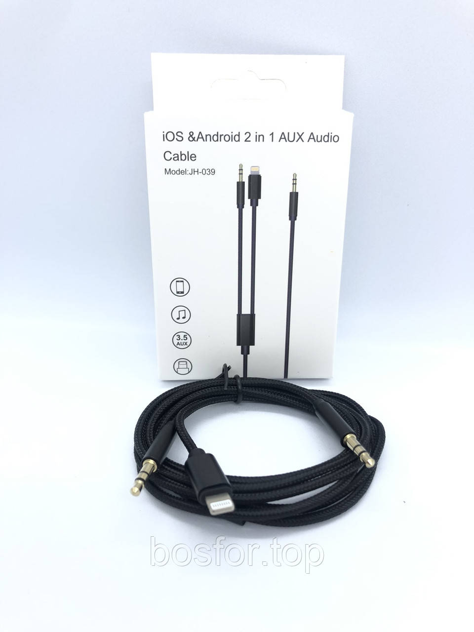 Кабель AUX 2в1 Jack та Lightning 1.2 м для смартфонів планшетів і ноутбуків чорний JH-039 BF
