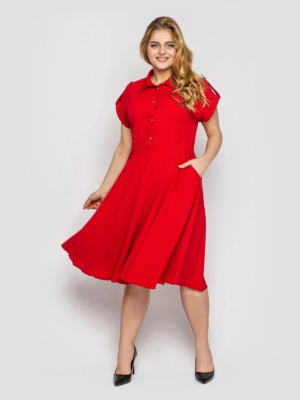 Прекрасне розкльошені сукні нижче колін червоного кольору з рубашечным коміром, великі розміри від 48 до 54