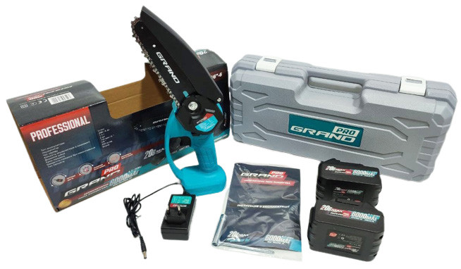 Акумуляторна пилка ланцюгова Grand АПЦ-20V/6-6 PRO (6 А/год. 2 акумулятори, шина 15 см. ЧЕХІЯ)